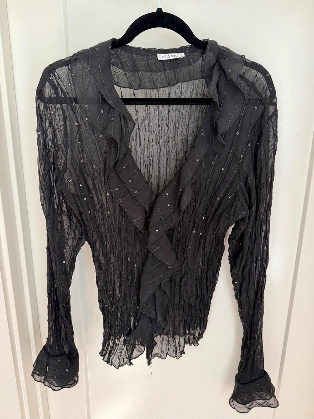 Kaelyn Max Black Sheer Ruffled Sequin Blouse